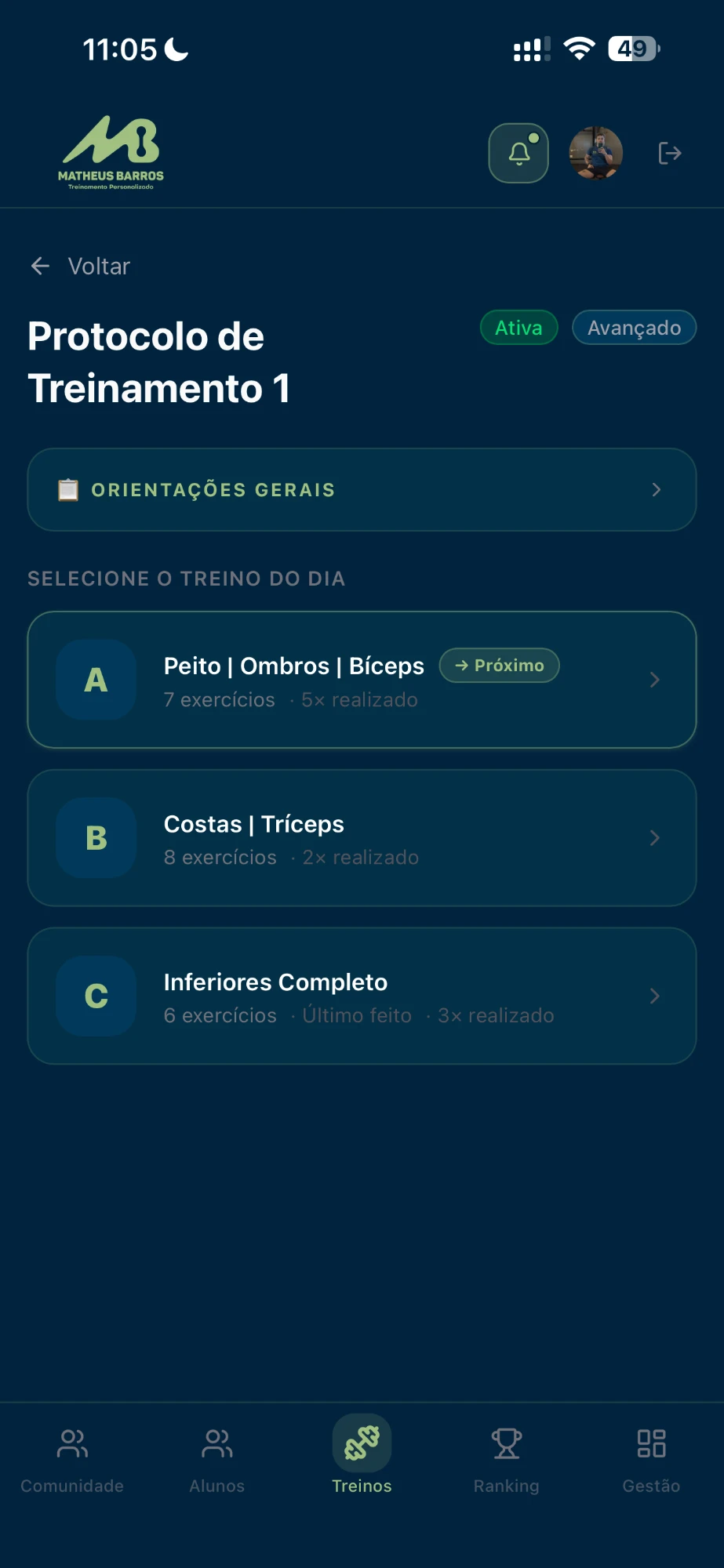 Ficha de treino no app MBTeam